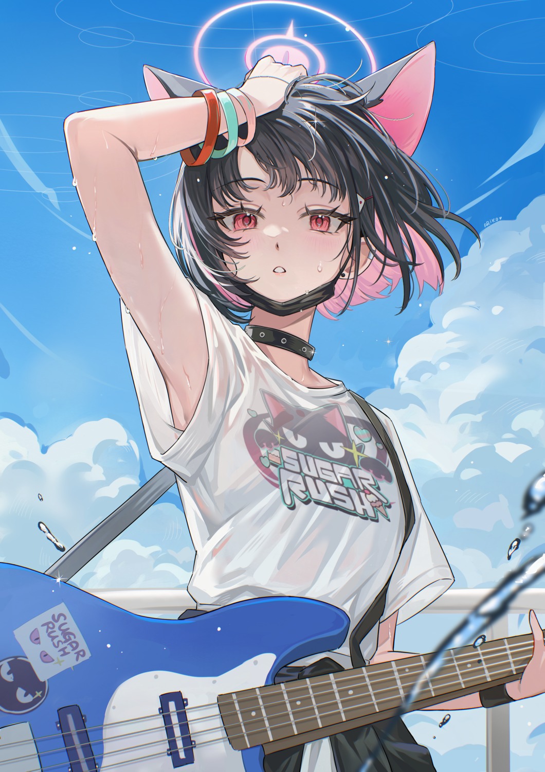animal_ears, ariko_(aaaaarik), blue_archive, guitar, halo, kyouyama_kazusa, nekomimi, see_through
