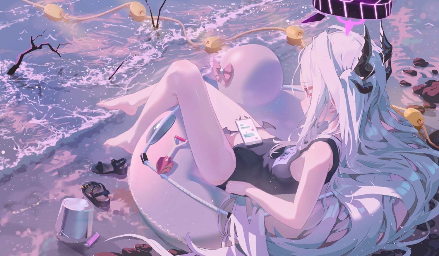 blue_archive, halo, horns, qian_he_shui_cheng, school_swimsuit, sorasaki_hina, swimsuits