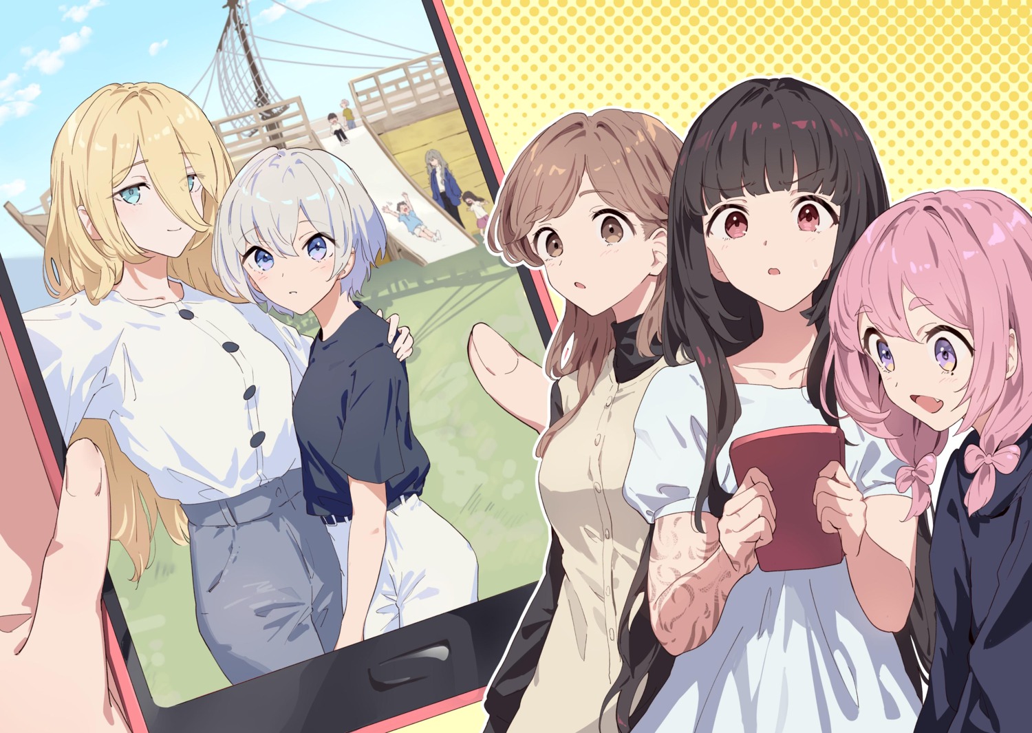 dress, hanasaki_yuika, kodamazon, momoyashiki_anzu, natsume_uta, selfie, shiroharu_ao, tattoo