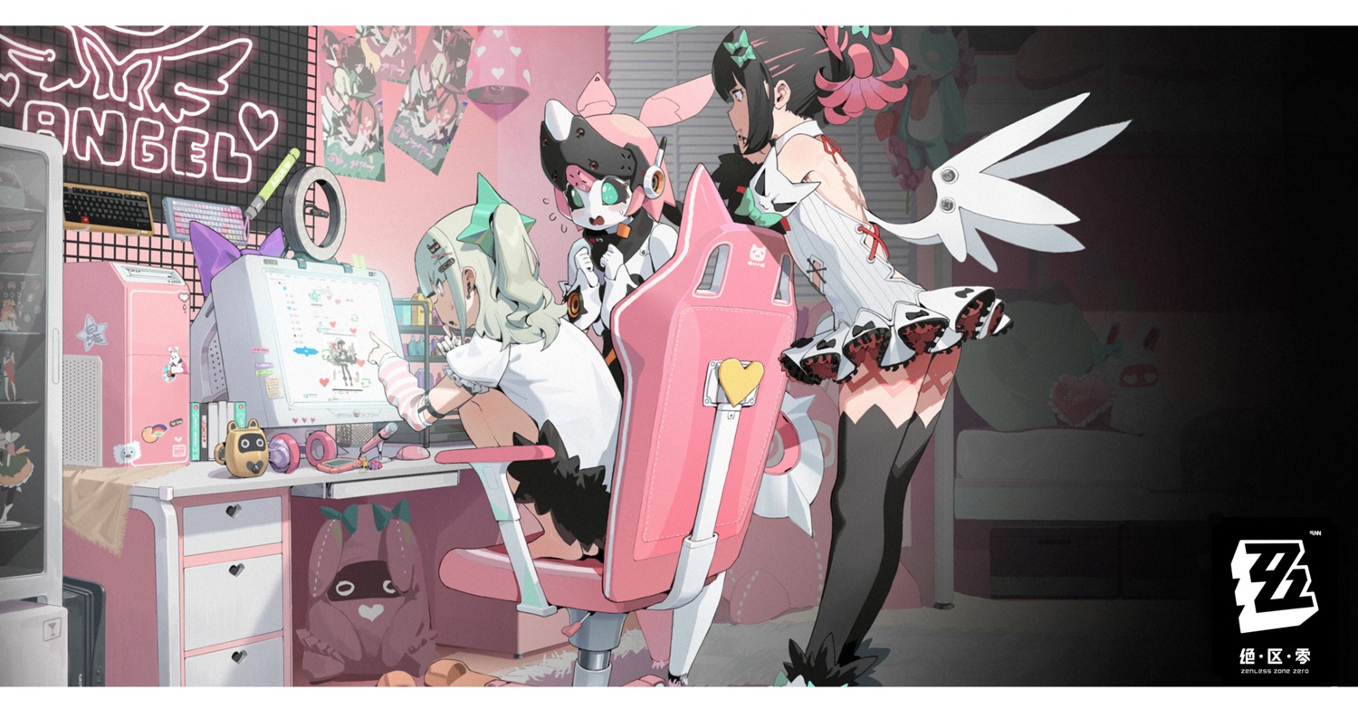 aria_(zenless_zone_zero), halo, mecha_musume, nangong_yu, no_bra, sunna_(zenless_zone_zero), tagme, thighhighs