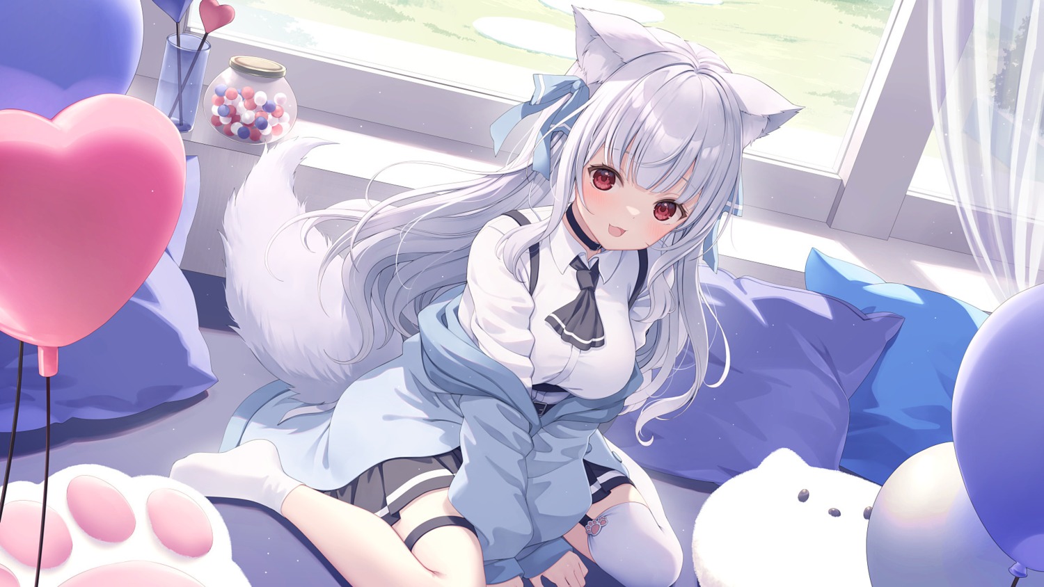 animal_ears, garter, indie_virtual_youtuber, nekomimi, pyomu, seifuku, stockings, tail, thighhighs, wallpaper, yoshino_ryou