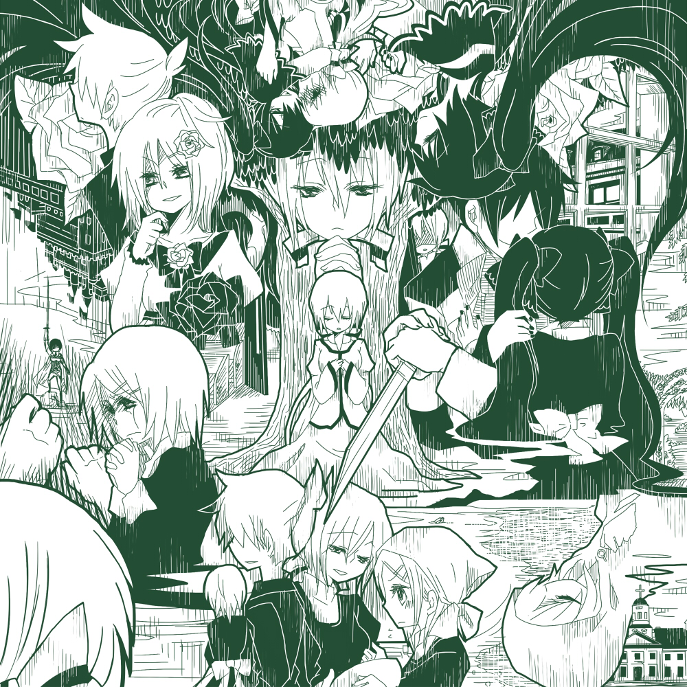 aku_no_meshitsukai_(vocaloid), hatsune_miku, hiroma, kagamine_len, kagamine_rin, kaito, meiko, monochrome, vocaloid, yowane_haku