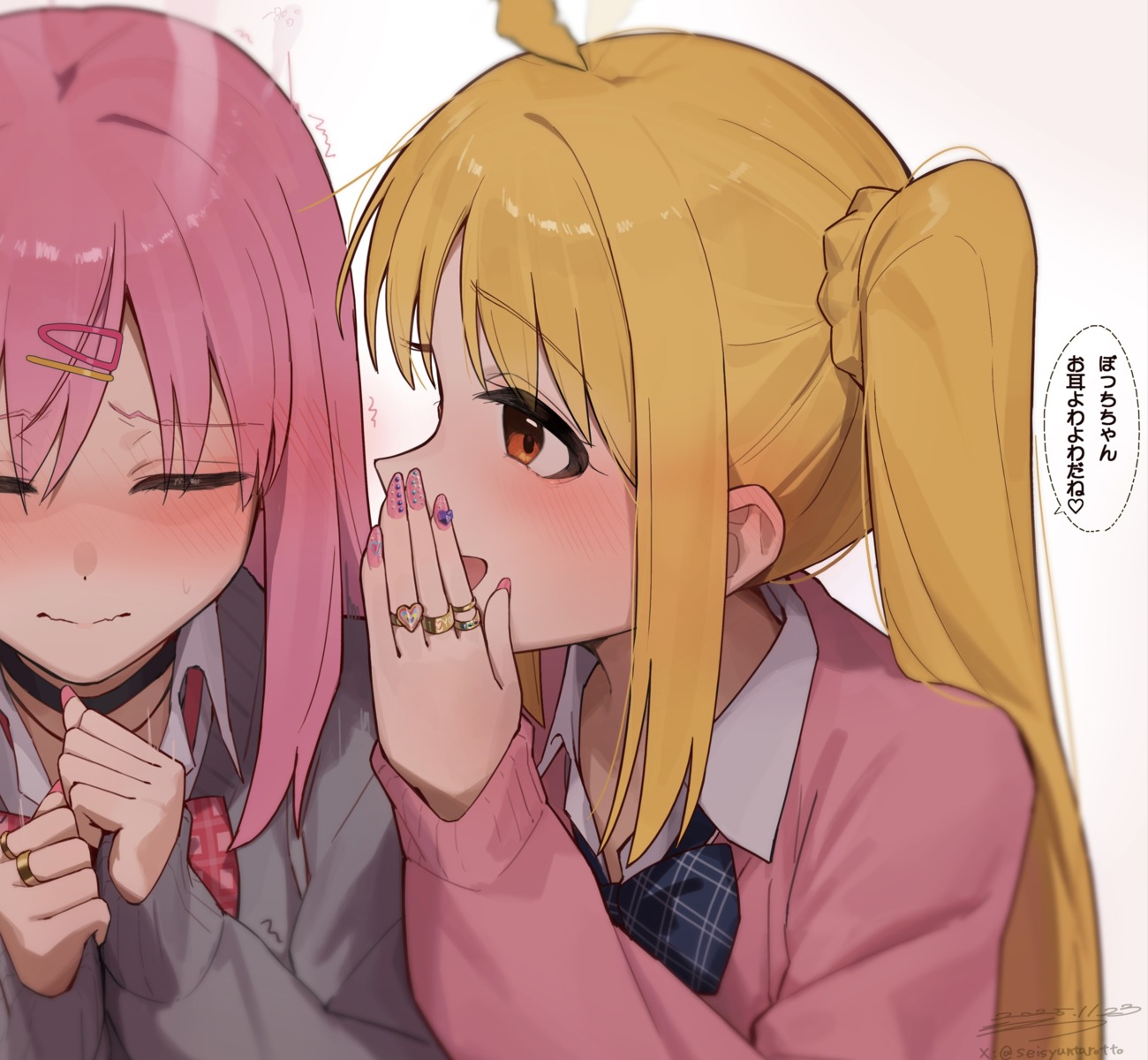 bocchi_the_rock!, gotou_hitori, ijichi_nijika, seifuku, seisyuntarotto, sweater