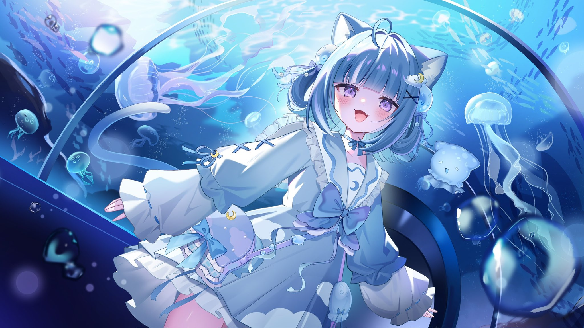 animal_ears, indie_virtual_youtuber, kurageu_roa, nekomimi, satoupote, seifuku, skirt_lift, tail
