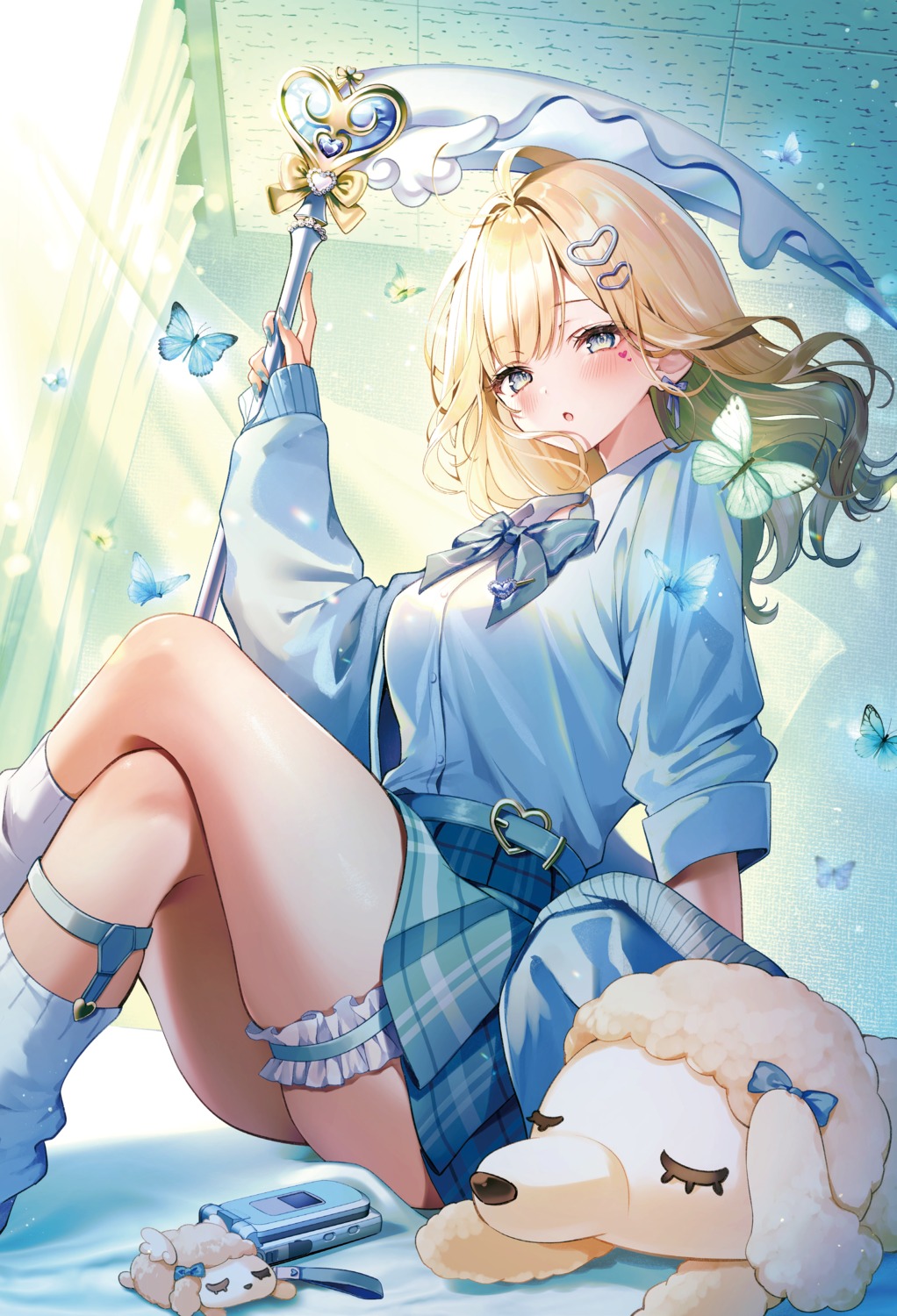 emori_miku_project, garter, seifuku, skirt_lift, sweater, tattoo, weapon, yugirl
