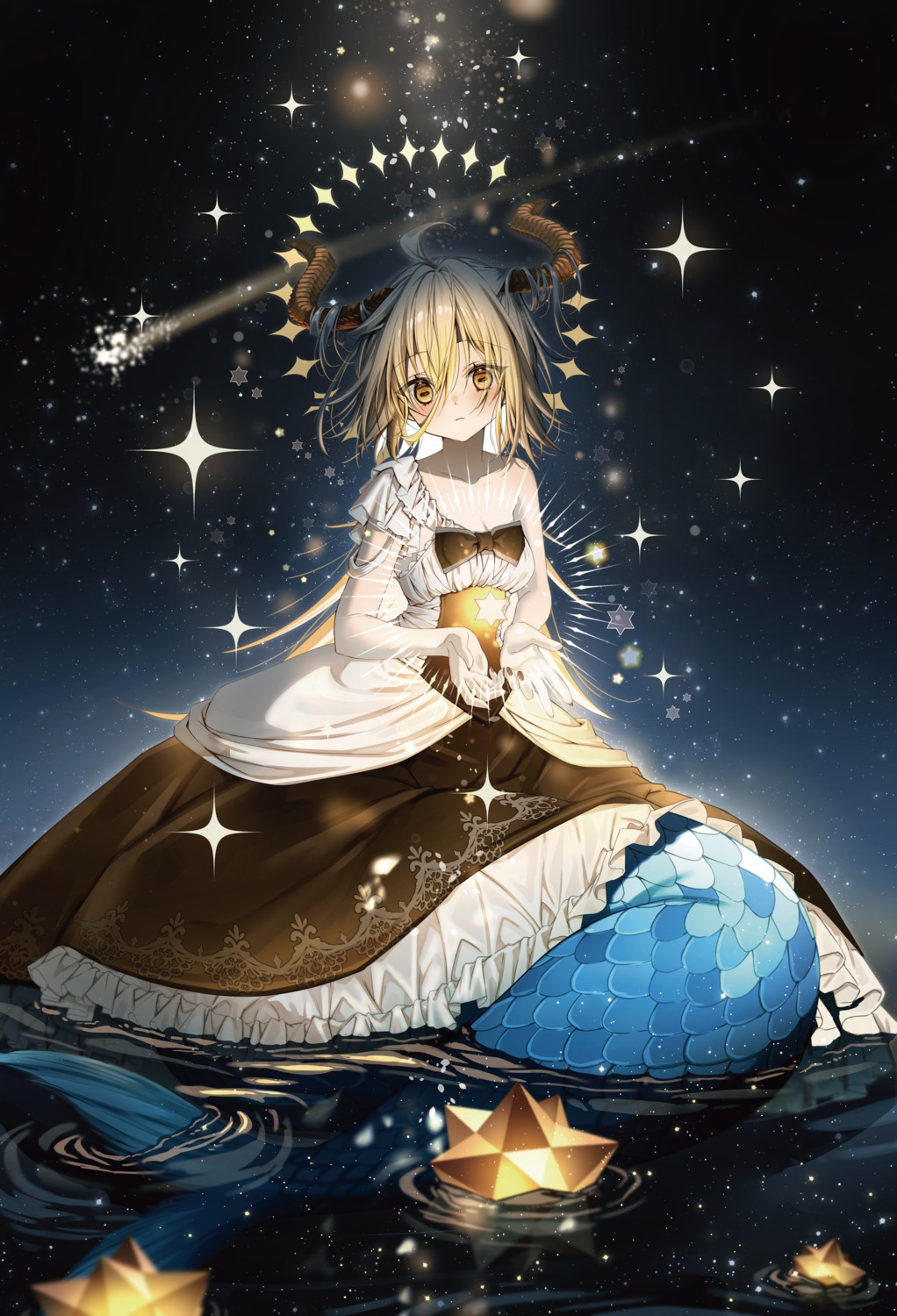 dress, emori_miku_project, horns, mermaid, monster_girl, no_bra, tail, wet, yoruhoshi_owl