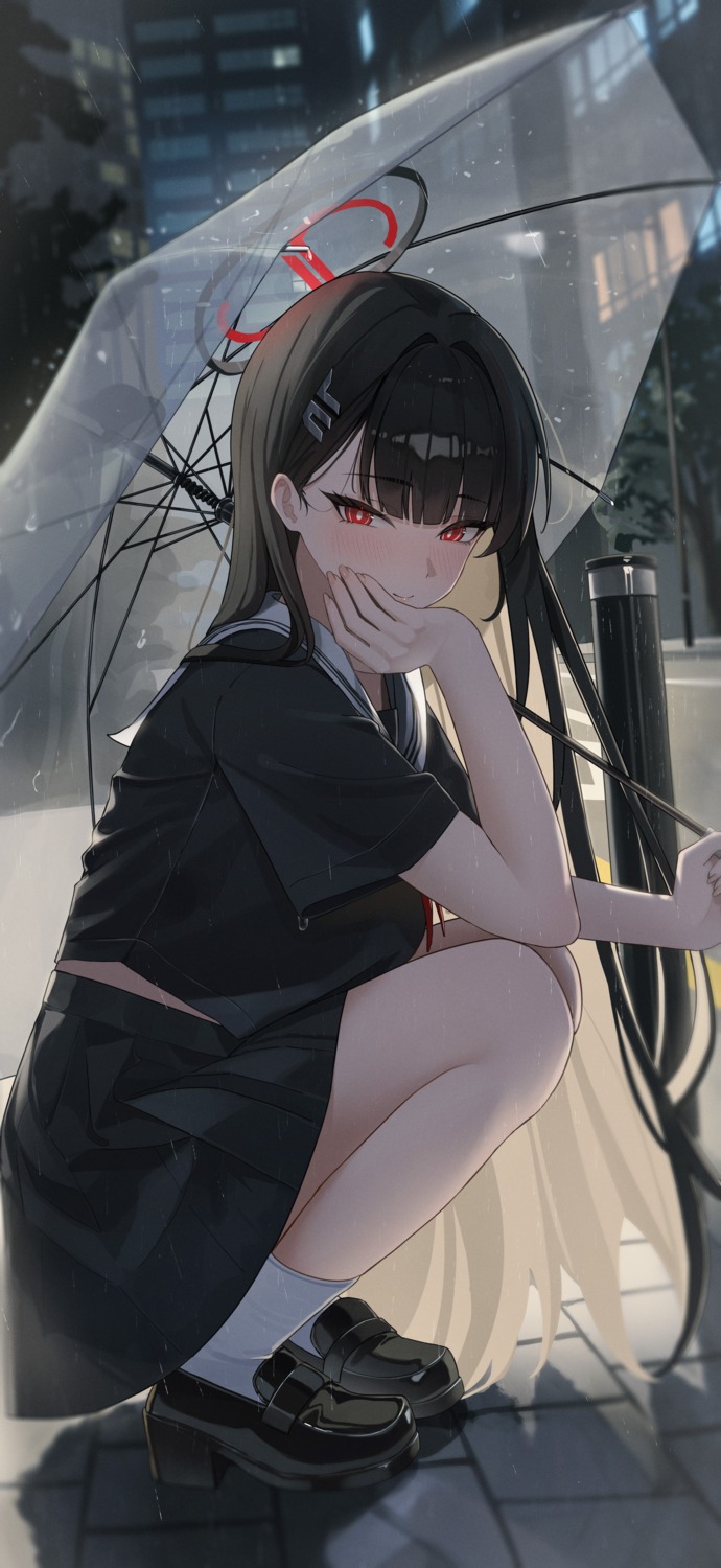 blue_archive, halo, rega, seifuku, skirt_lift, tsukatsuki_rio, umbrella, wet