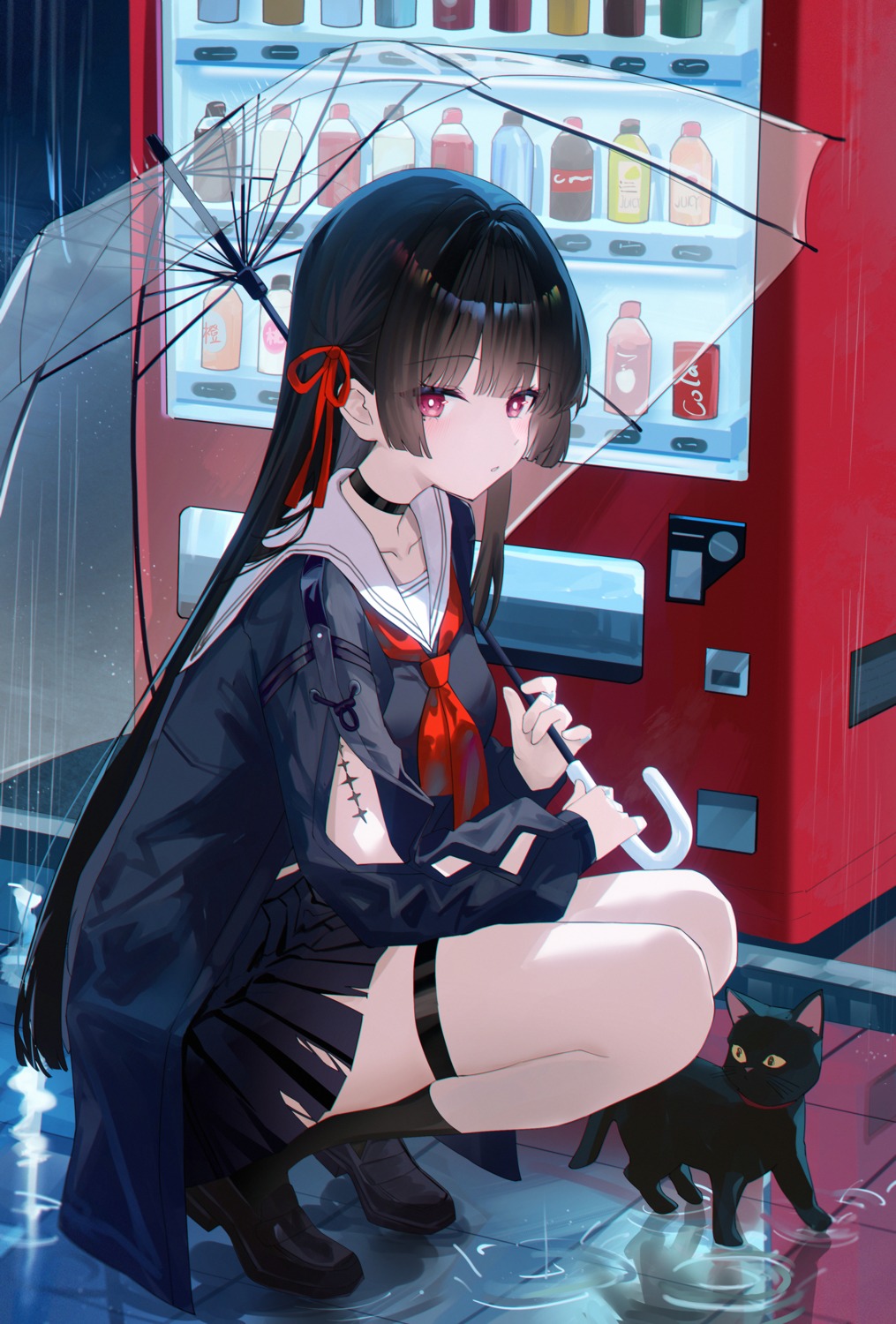 chisa, garter, neko, seifuku, skirt_lift, tattoo, torn_clothes, umbrella