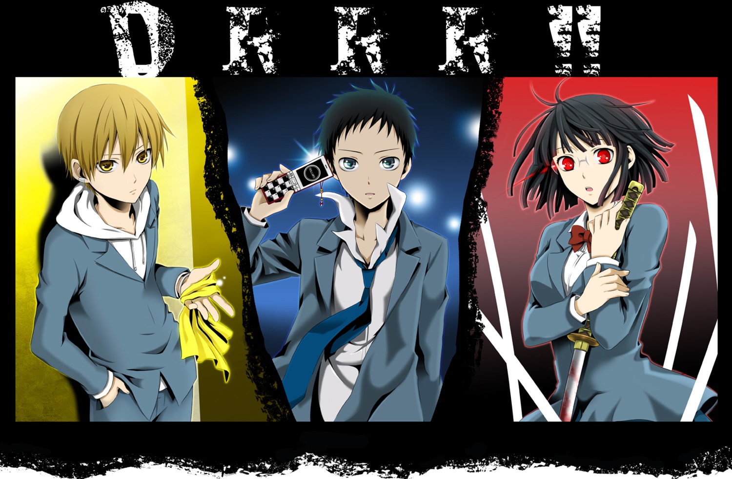 durarara!!, kida_masaomi, megane, ryuugamine_mikado, seifuku, sonohara_anri, wool