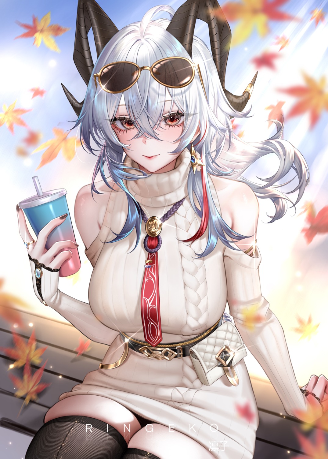 dress, horns, megane, ringeko-chan, see_through, sweater, thighhighs, wuthering_waves