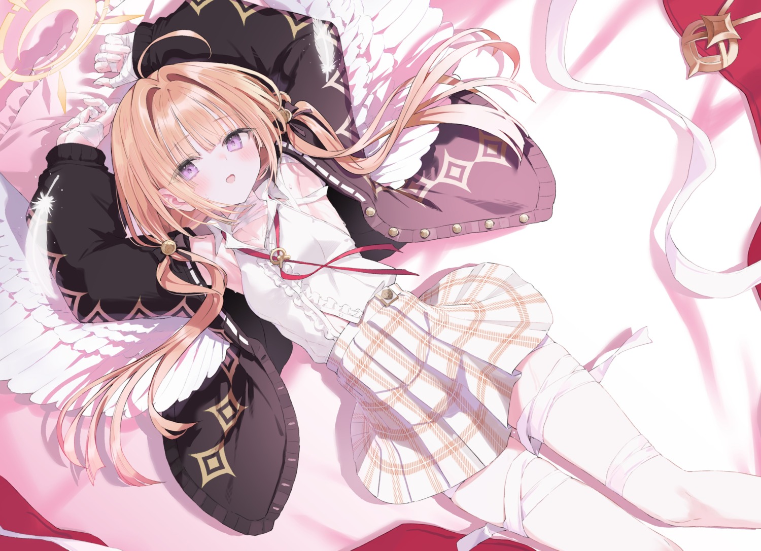 angel, bandages, nana_(luna_berry), seifuku, skirt_lift, sweater, wings, yubimusubi_no_renkinjutsushi