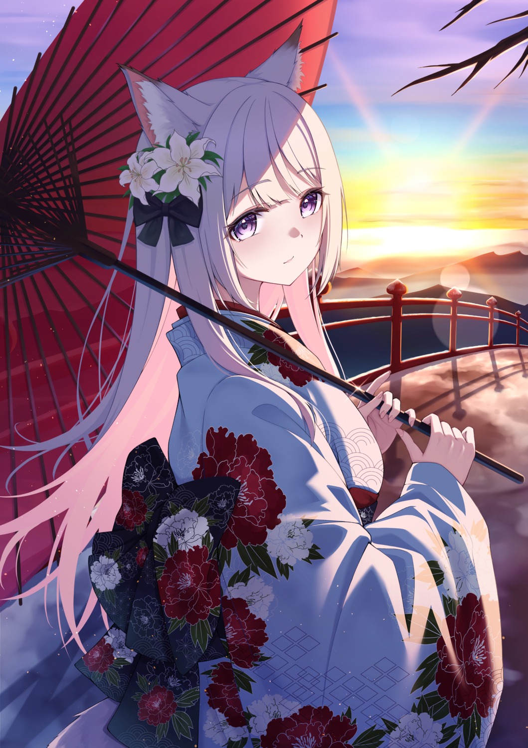 animal_ears, indie_virtual_youtuber, kimono, kitsune, konosaki_siori, mira_bluesky3, tail, umbrella