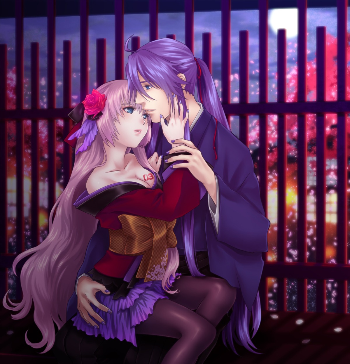 cleavage, japanese_clothes, kamui_gakupo, megurine_luka, ohse, pantyhose, vocaloid