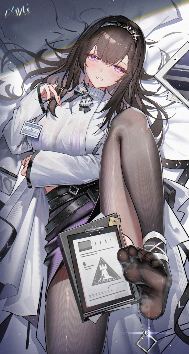 arknights, bra, feet, huade_xiami, pantyhose, priestess_(arknights), see_through, skirt_lift