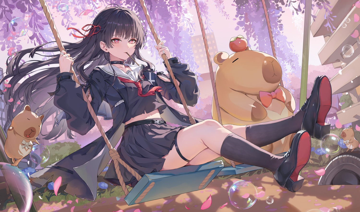 chisa, garter, heels, kizuna, seifuku, skirt_lift, tattoo, torn_clothes, wuthering_waves