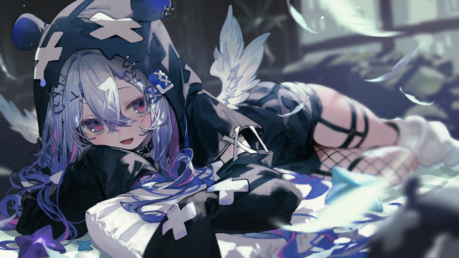 amane_kanata, animal_ears, bukurote, fishnets, garter, hololive, wallpaper, wings