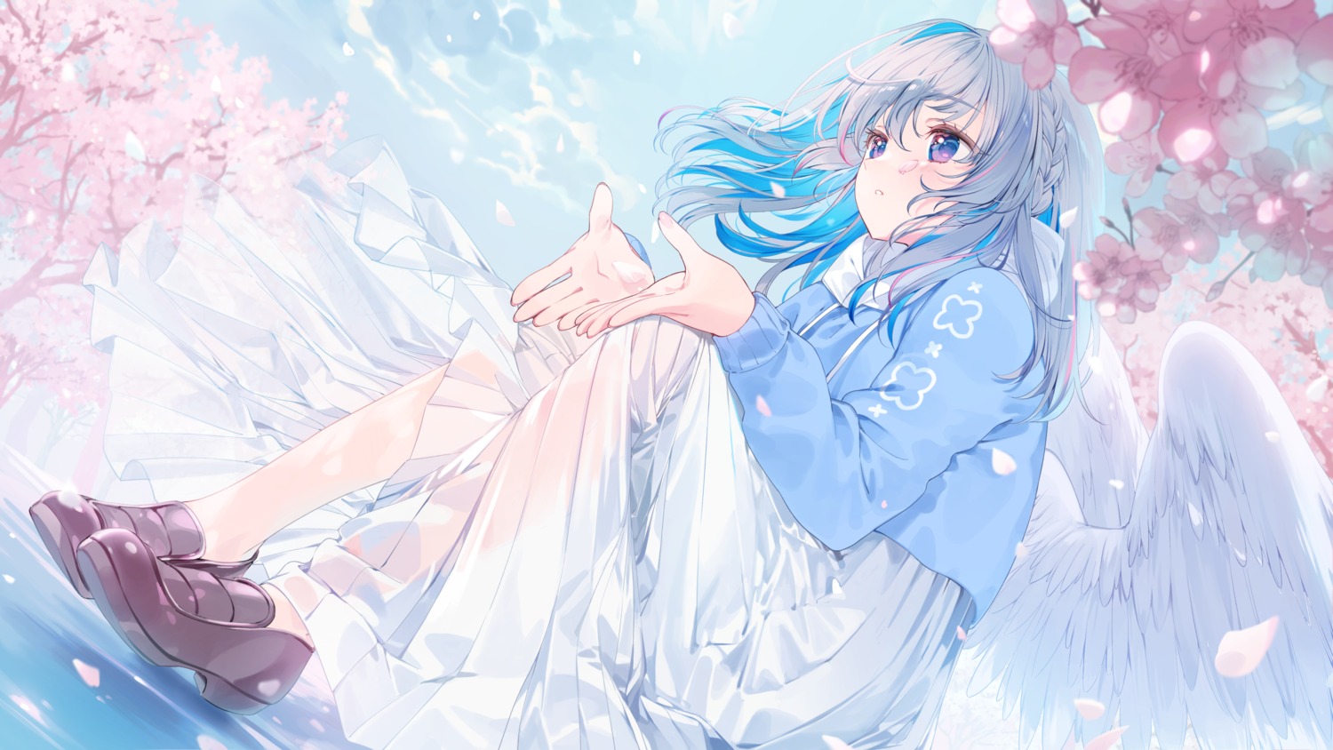a20_(atsumaru), amane_kanata, hololive, see_through, skirt_lift, sweater, wallpaper, wings