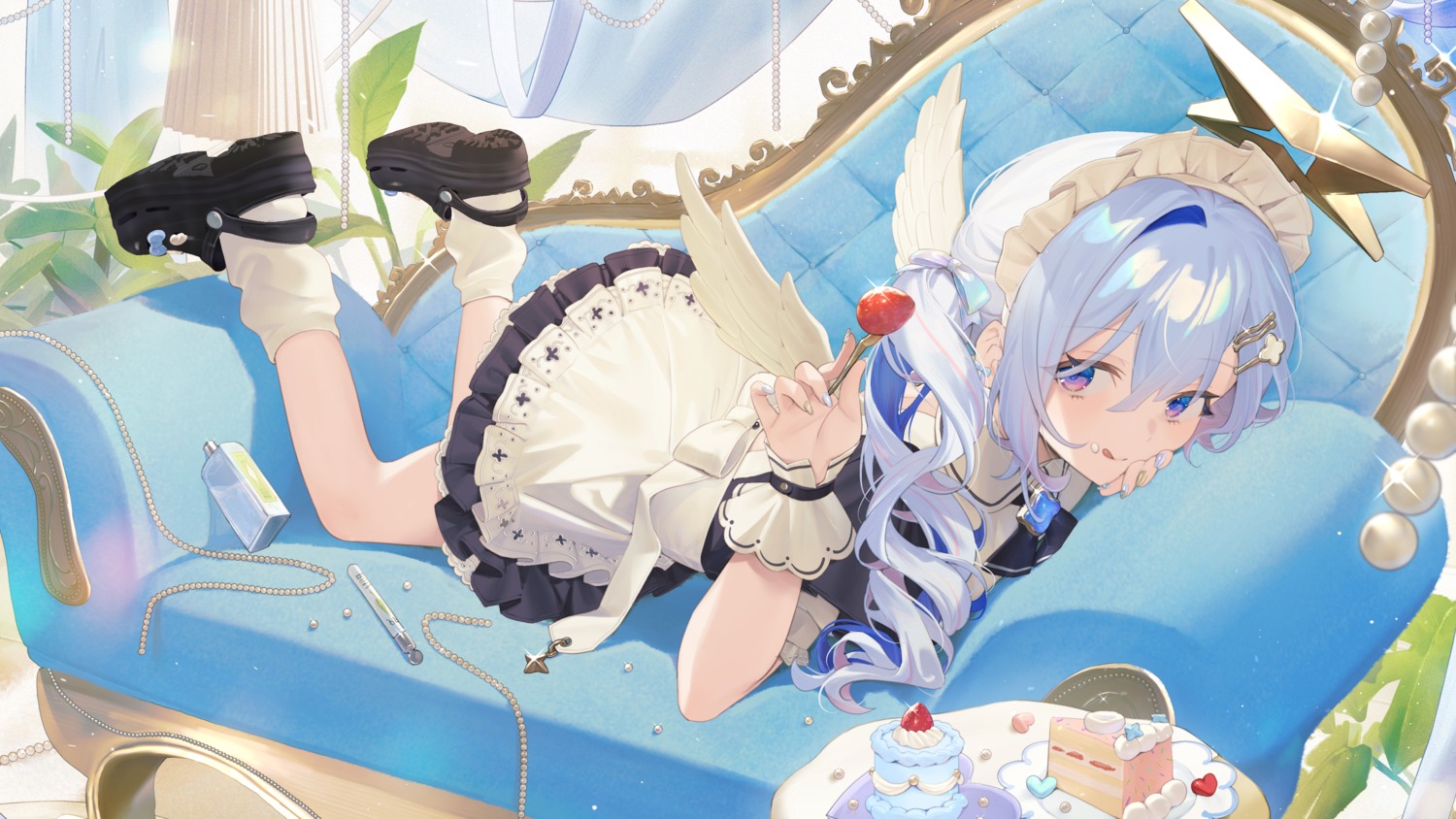amane_kanata, angel, cream, hololive, maid, wallpaper, wings, yuuhi_homare