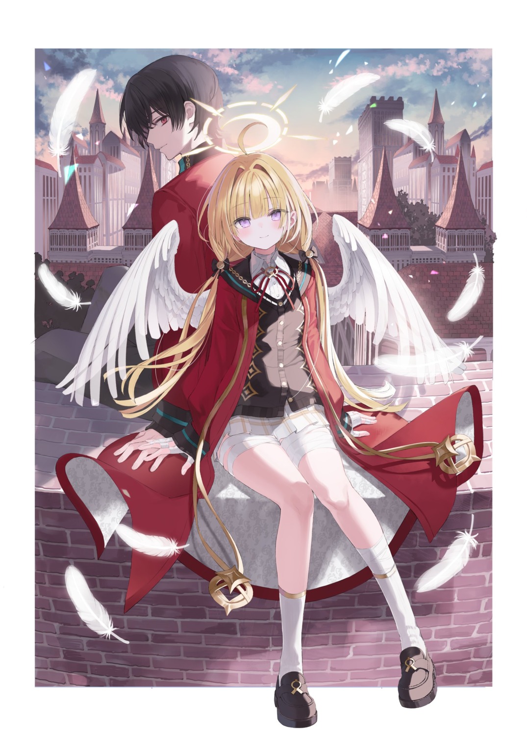 angel, bandages, nana_(luna_berry), seifuku, sweater, wings, yubimusubi_no_renkinjutsushi