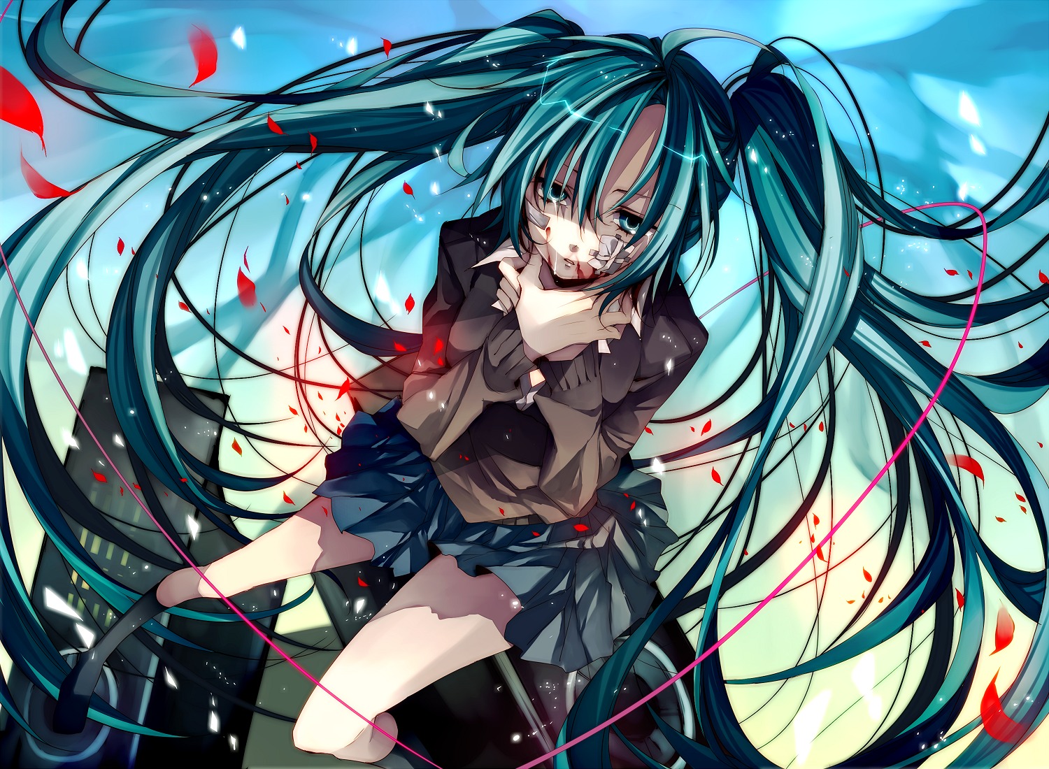 blood, hatsune_miku, rolling_girl_(vocaloid), seifuku, tsukioka_tsukiho, vocaloid