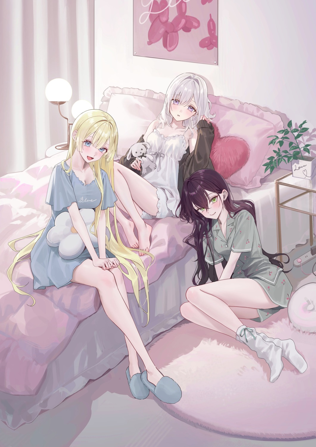 cleavage, himekawa_sara, kohinata_rin, magako, nazeka_s-kyuu_bijo-tachi_no_wadai_ni_ore_ga_agaru_ken, open_shirt, pajama, sweater, takamori_yuna