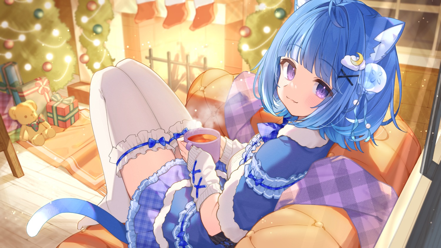 animal_ears, christmas, garter, indie_virtual_youtuber, kurageu_roa, nekomimi, rin31153336, tail