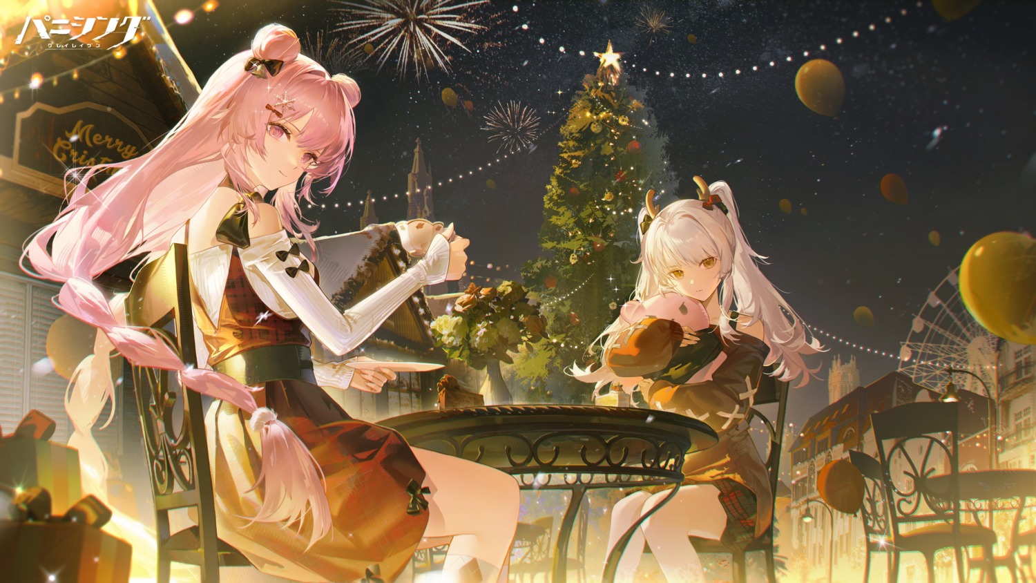 christmas, dress, horns, karenina_(punishing:_gray_raven), punishing:_gray_raven, tagme, teddy_(punishing:_gray_raven)
