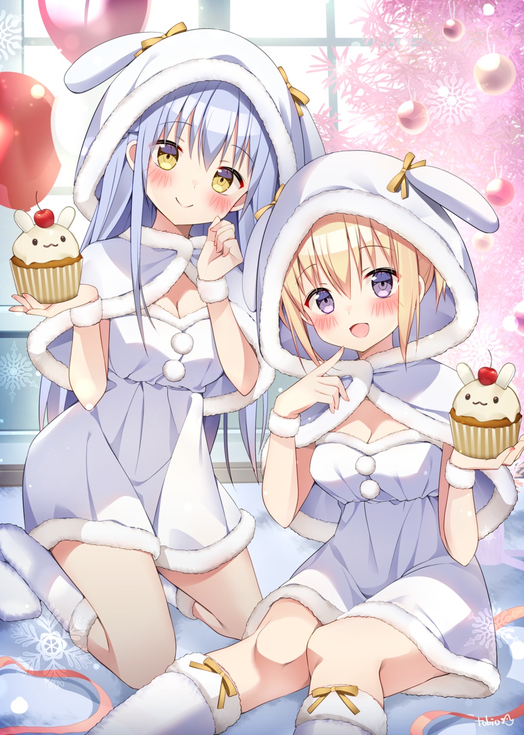 animal_ears, bunny_ears, christmas, cleavage, dress, tobio_illust