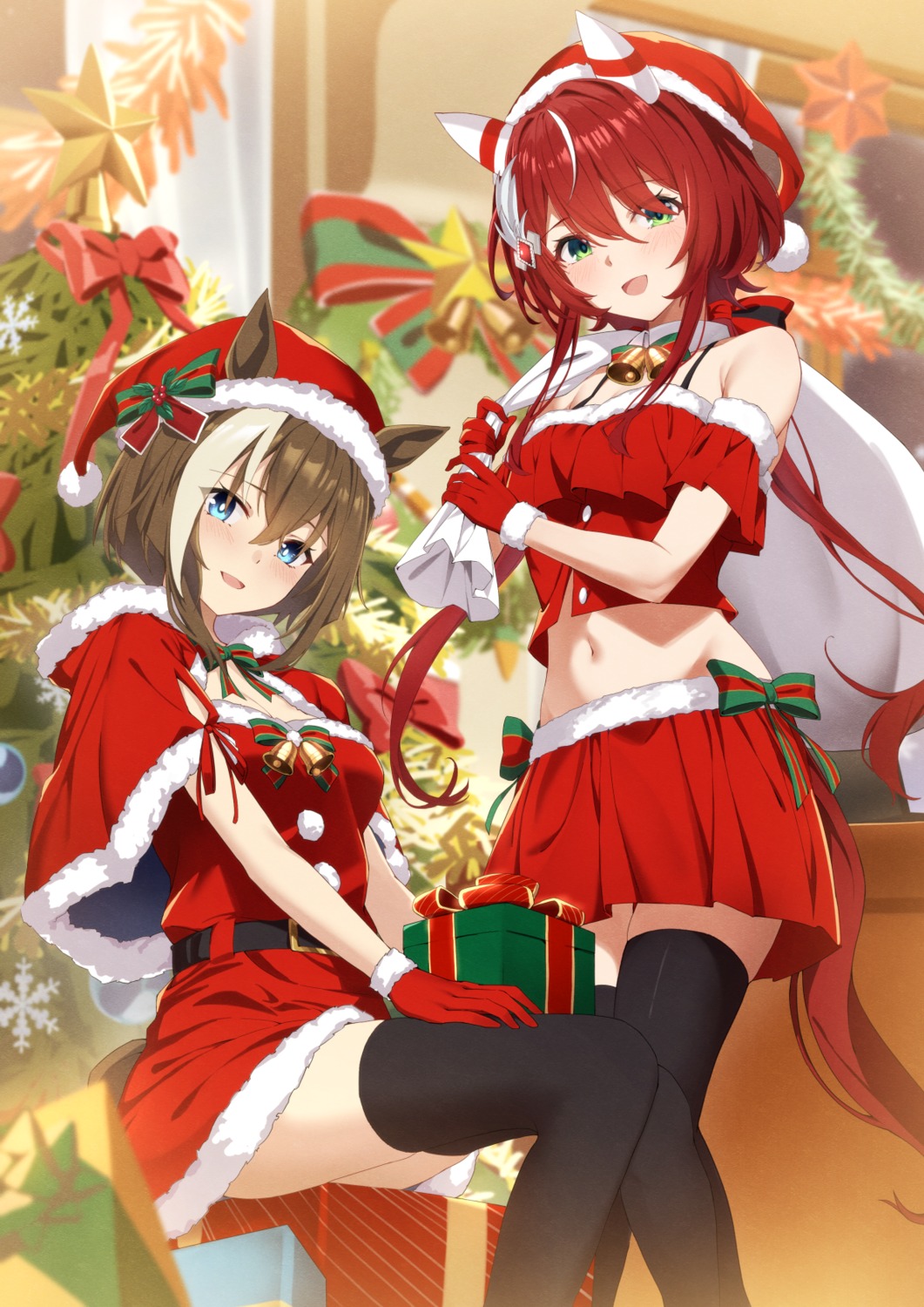 animal_ears, cheval_grand_(umamusume), christmas, dress, kagari_riroi, skirt_lift, tail, thighhighs, uma_musume_pretty_derby, win_variation_(umamusume)