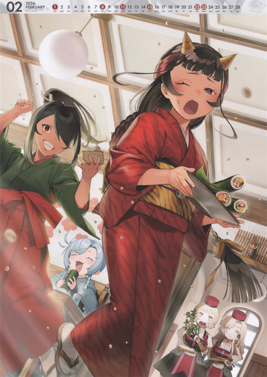 calendar, eidsvold_(kancolle), horns, japanese_clothes, kantai_collection, kimono, kumano_maru_(kancolle), norge_(kancolle)