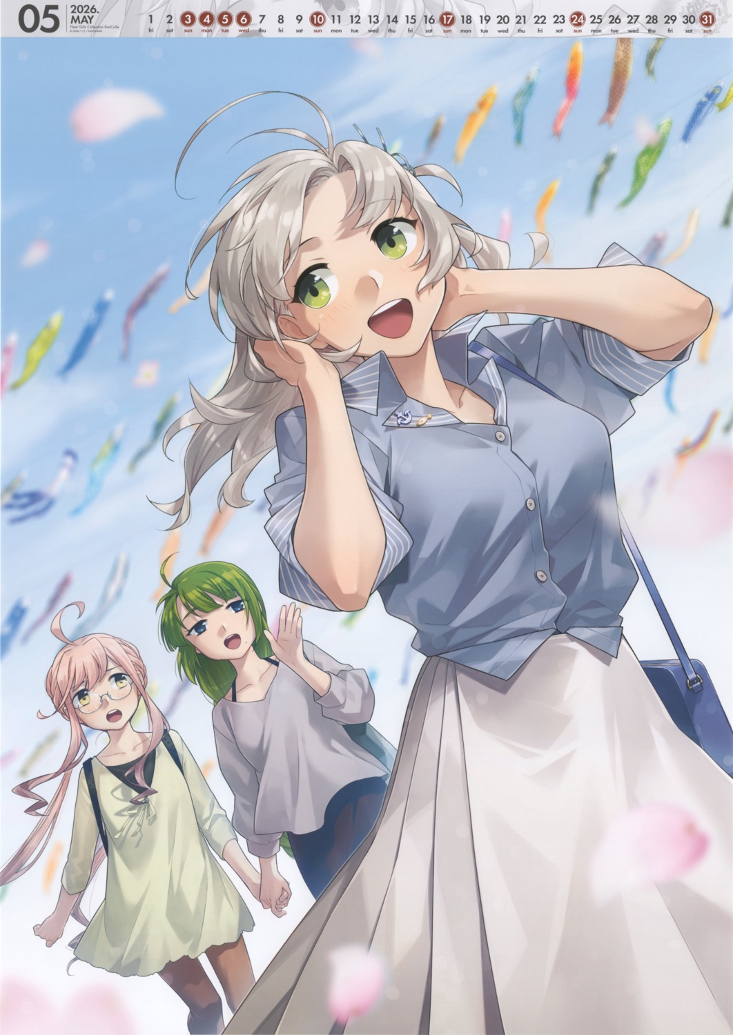 calendar, dress, dress_shirt, fujikawa, kantai_collection, kinugasa_(kancolle), makigumo_(kancolle), megane