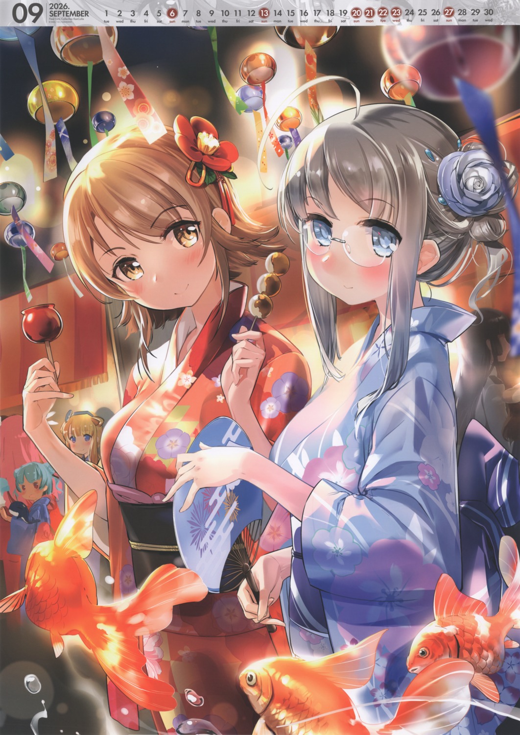 calendar, fletcher_(kancolle), heywood_l._edwards_(kancolle), kantai_collection, megane, richard_p._leary_(kancolle), samuel_b._roberts_(kancolle), yukata, zeco