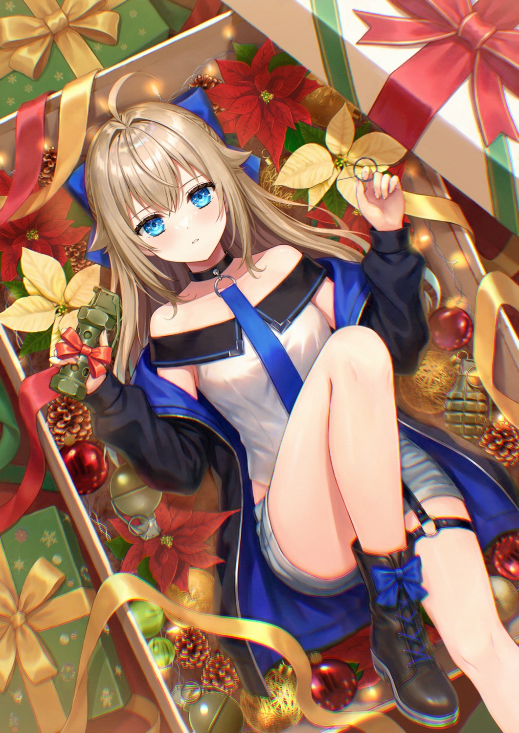 aoe_ui, christmas, garter, mishiro_rei, no_bra, weapon