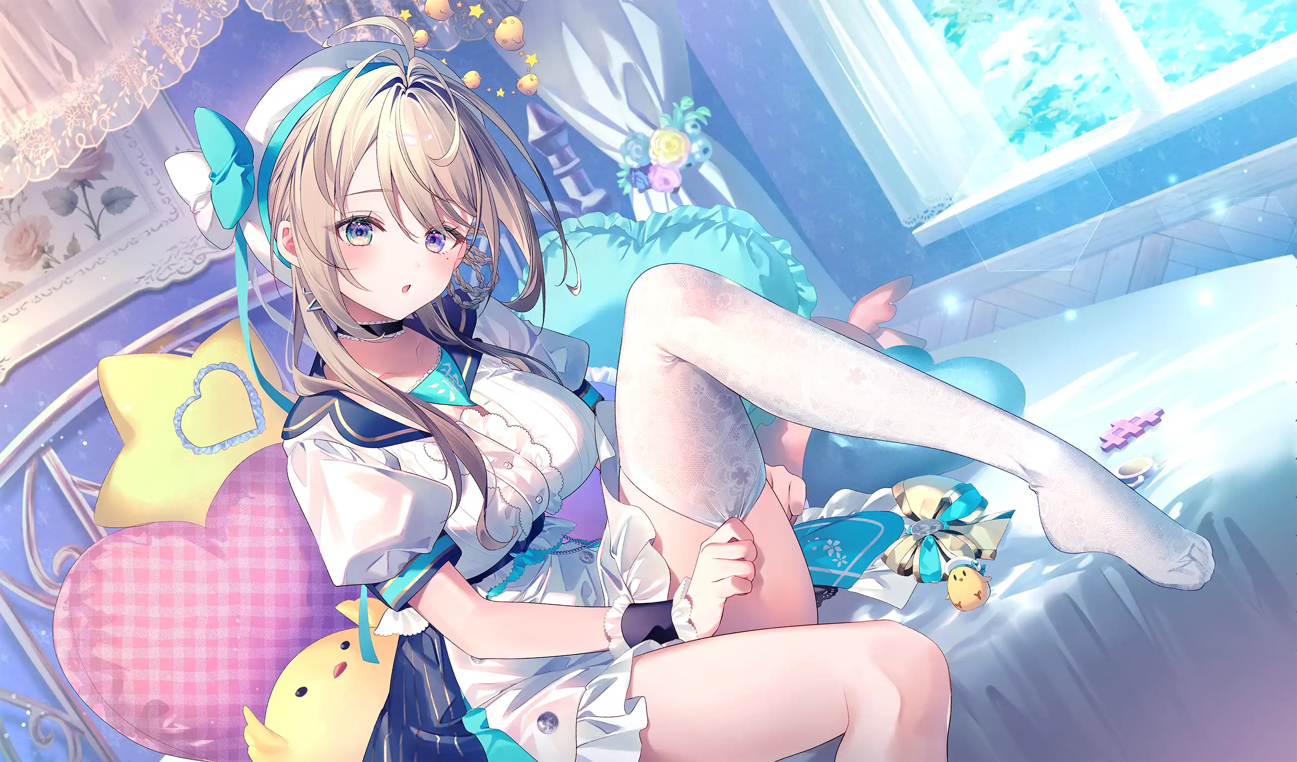 compression_artifacts, halo, heterochromia, honami_azusa, riichu, skirt_lift, specialite, thighhighs, undressing