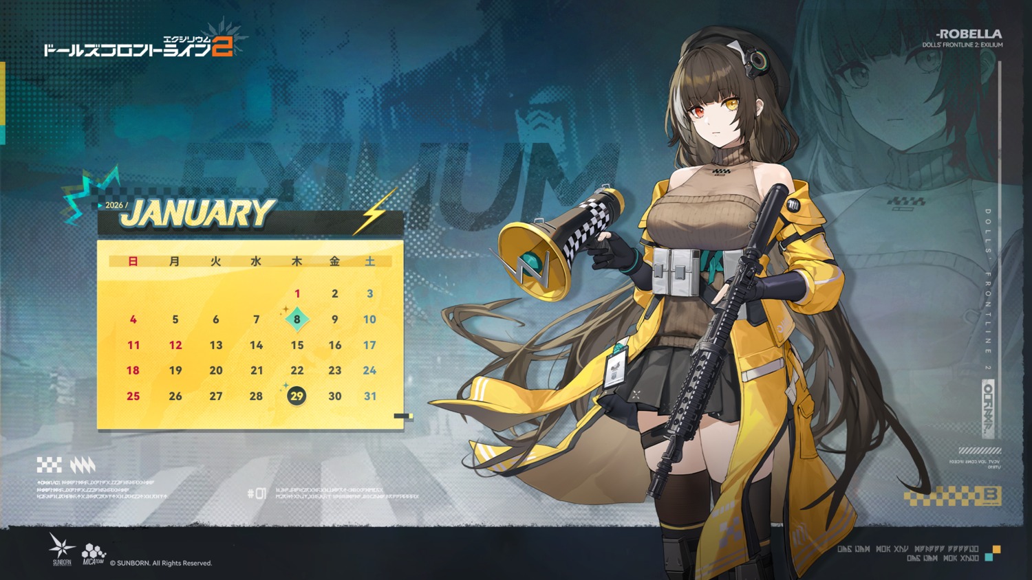 calendar, garter, girls_frontline_2:_exilium, gun, heterochromia, sweater, tagme, thighhighs
