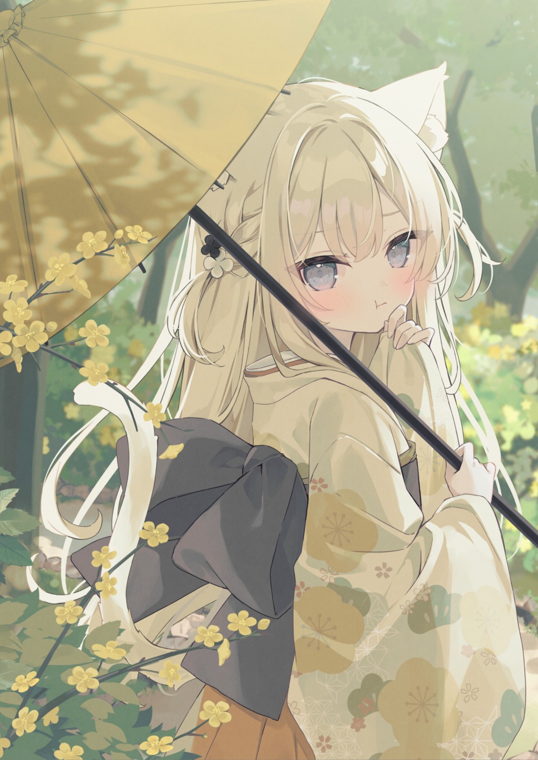 animal_ears, hoshi, kimono, nekomimi, tail, umbrella