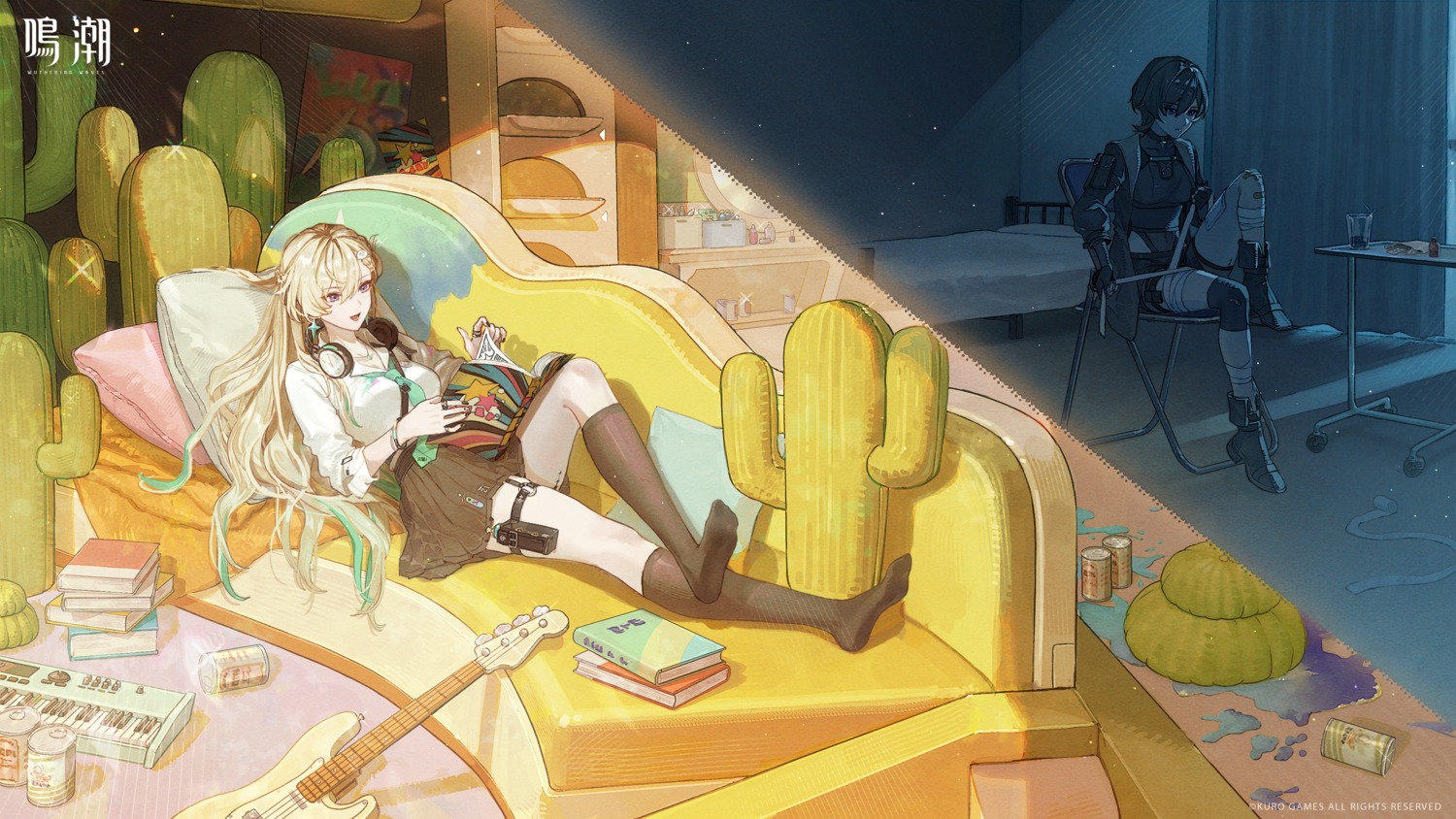 bandages, bandaid, garter, guitar, headphones, lynae, rover_(female), seifuku