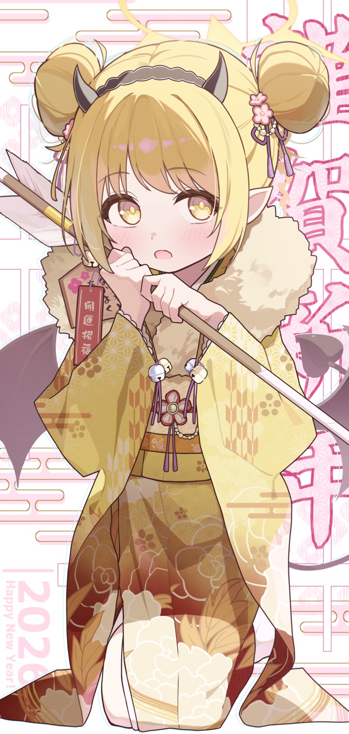 blue_archive, devil, halo, horns, kimono, pointy_ears, tail, tanga_ibuki, toki_kimagure, wings