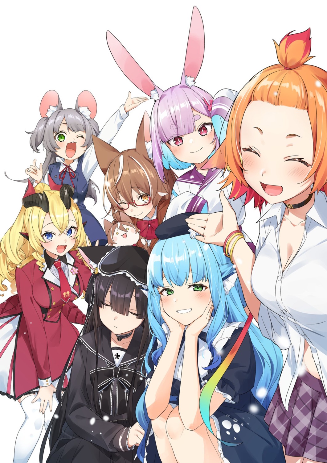 animal_ears, benino_atsu, bunny_ears, chibi, cleavage, dress, haneda_tobari, horns, japanese_clothes, jingai_kyoushitsu_no_ningengirai_kyoushi, kurosawa_neneko, megane, minazuki_kyouka, nezu_machi, oogami_isaki, open_shirt, pointy_ears, ryuuzaki_karin, seifuku, skirt_lift, tail, thighhighs, usami_sui