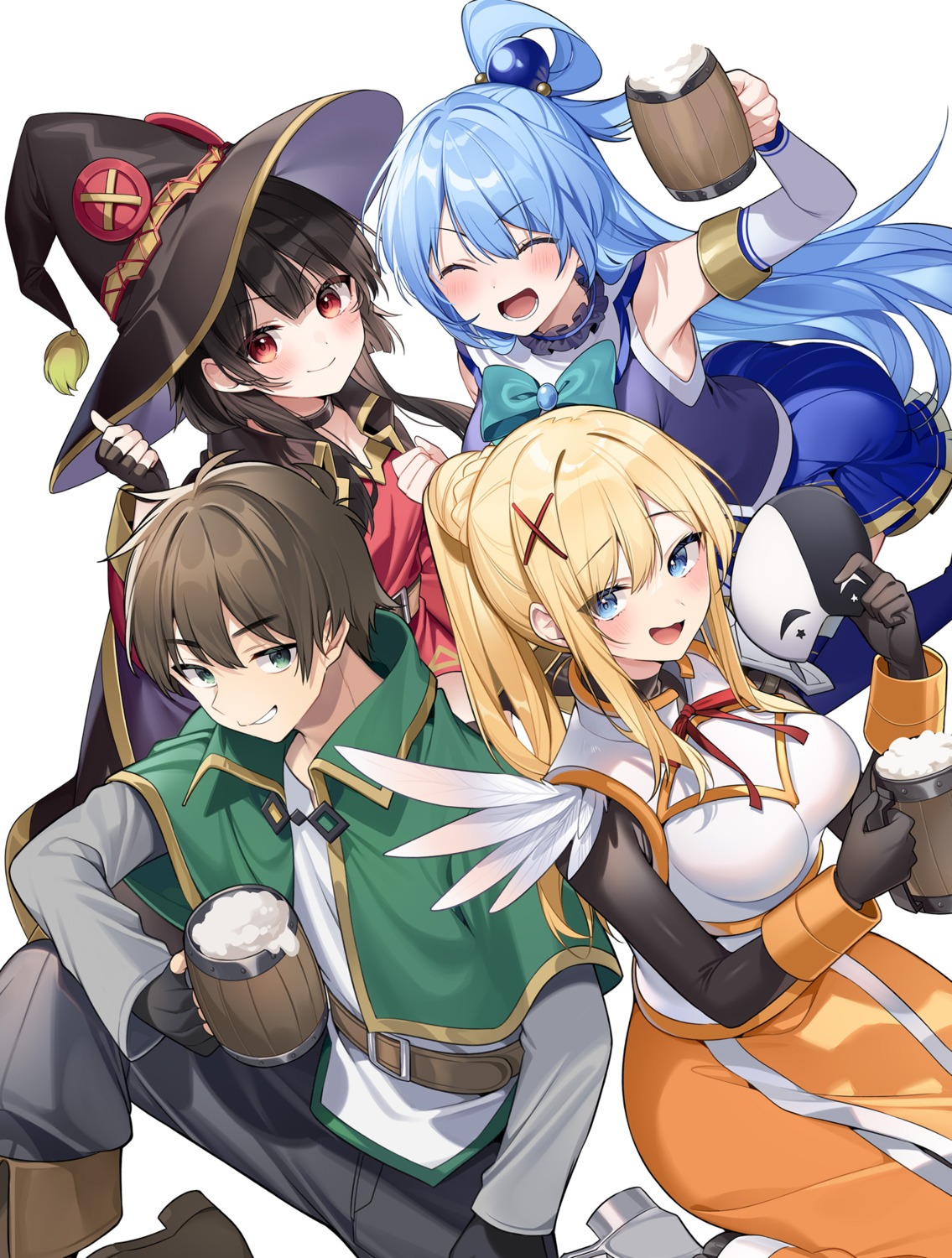 aqua_(konosuba), armor, dress, dustiness_ford_raratina, kono_subarashii_sekai_ni_shukufuku_wo!, megumin, mishima_kurone, satou_kazuma