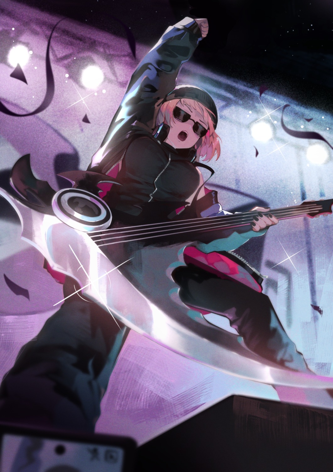 guitar, headphones, hololive, hololive_english, megane, mori_calliope, namiorii, weapon