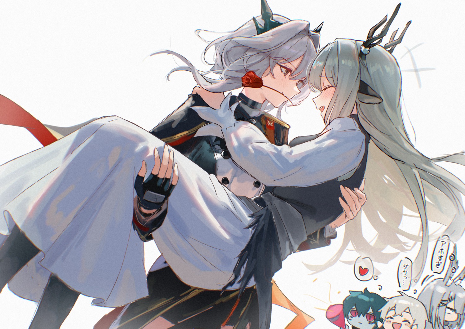 alina_(arknights), animal_ears, arknights, bunny_ears, c113oreo, chibi, dress, faust_(arknights), frostnova_(arknights), horns, mephisto_(arknights), sketch, tail, talulah_(arknights), uniform, yuri