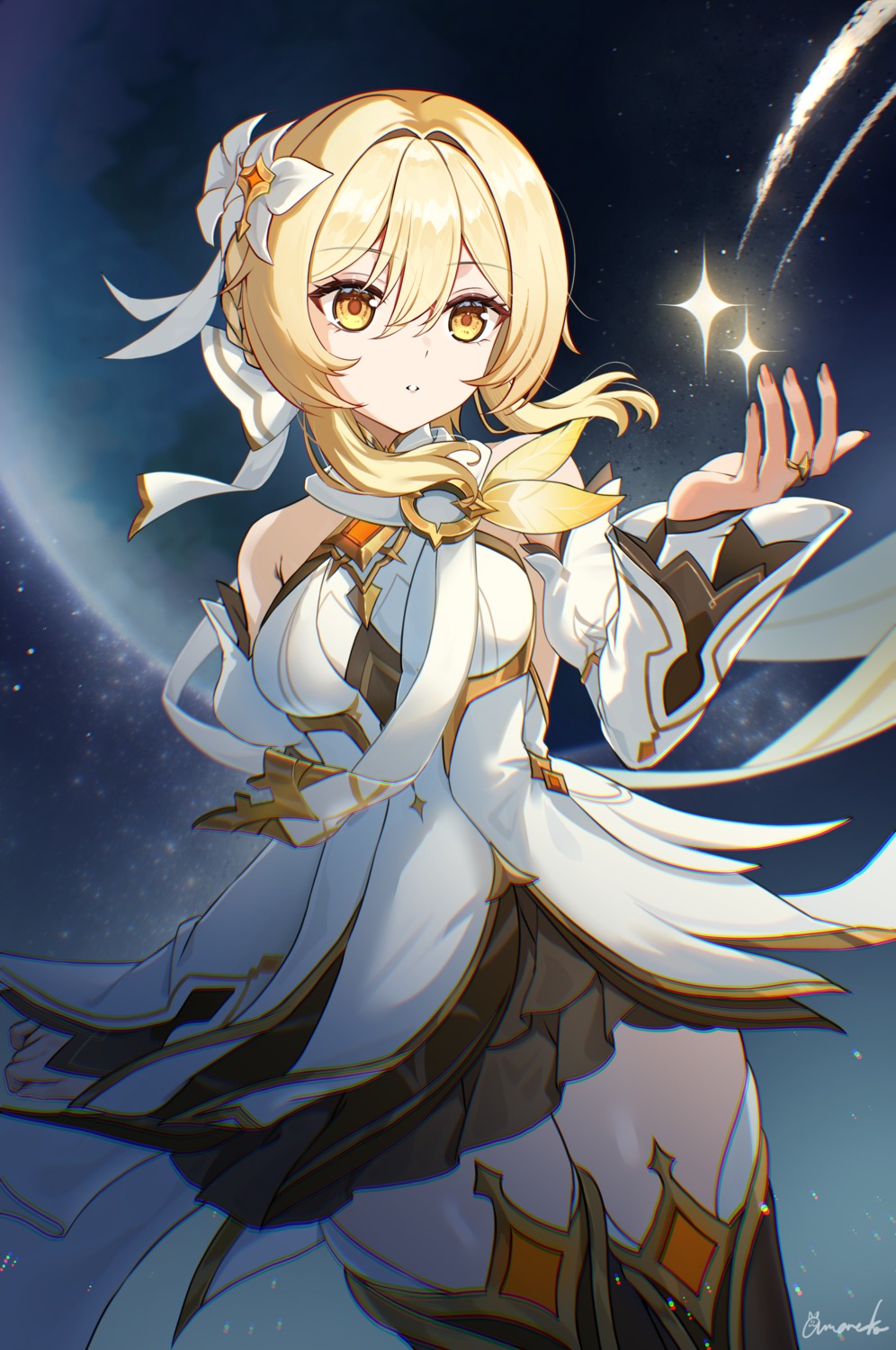 amaneko_(amaneko_y), dress, genshin_impact, lumine, thighhighs