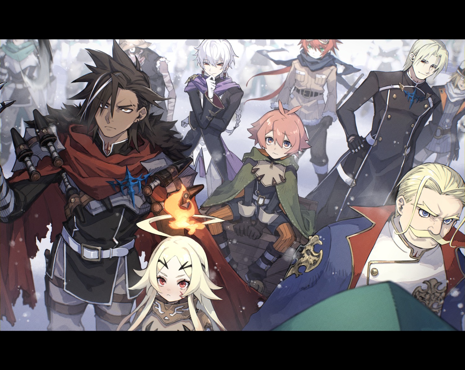 armor, bandages, dotta_luzulas, garter, jayce_partiract, mephist, norgalle_senridge, rhyno, tatsuya_(yuushakei), tattoo, teoritta, tsav, uniform, venetim_leopool, weapon, xylo_forbartz, yuushakei_ni_shosu