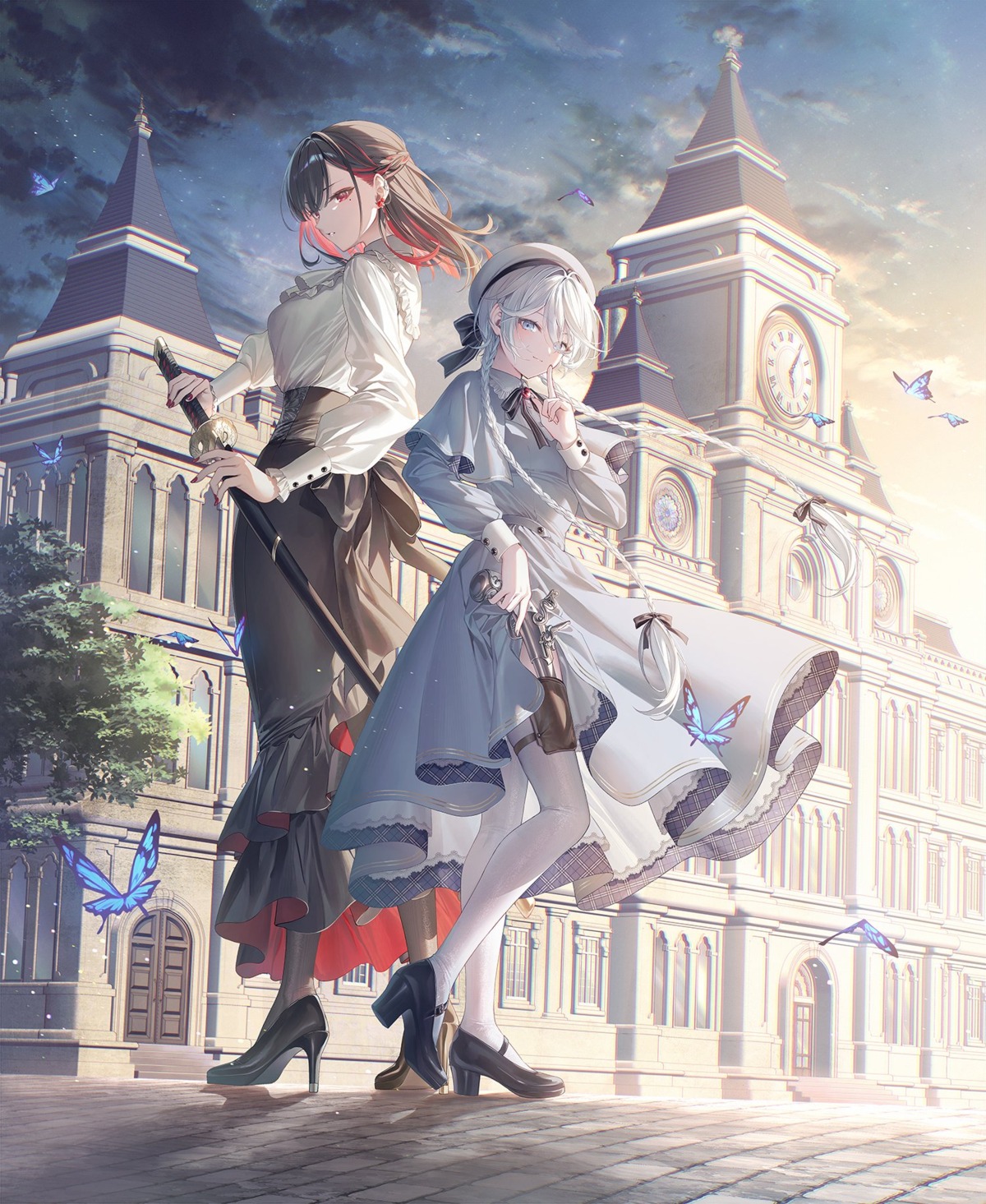 dress, fiona_cassandra, garter, gun, heels, howling_blaze, skirt_lift, sword