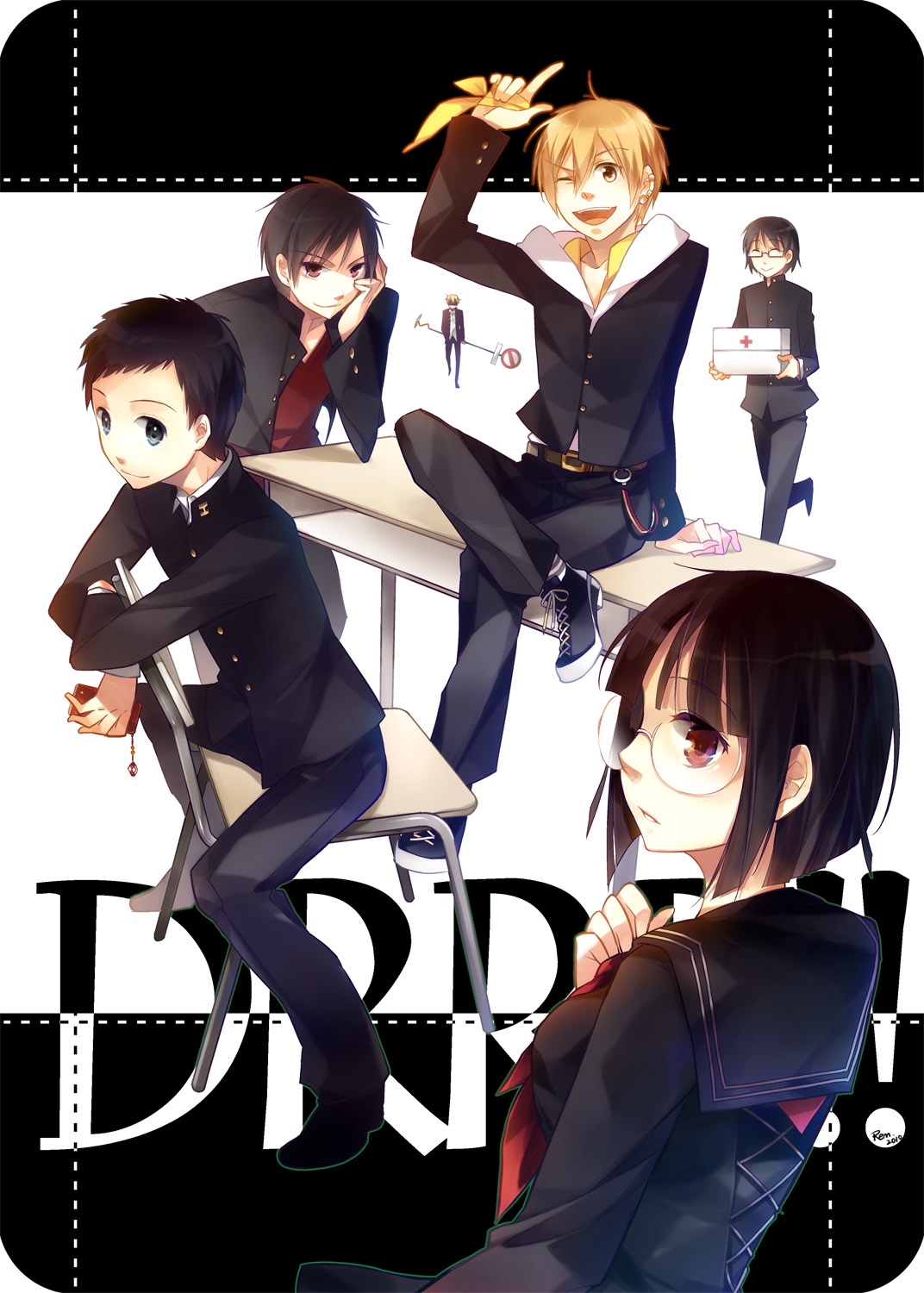 durarara!!, heiwajima_shizuo, kida_masaomi, kishitani_shinra, megane, orihara_izaya, rem_(pixiv), ryuugamine_mikado, seifuku, sonohara_anri