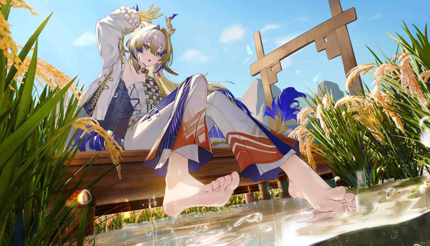 arknights, feet, horns, pointy_ears, shu_(arknights), tail, wet, zayur