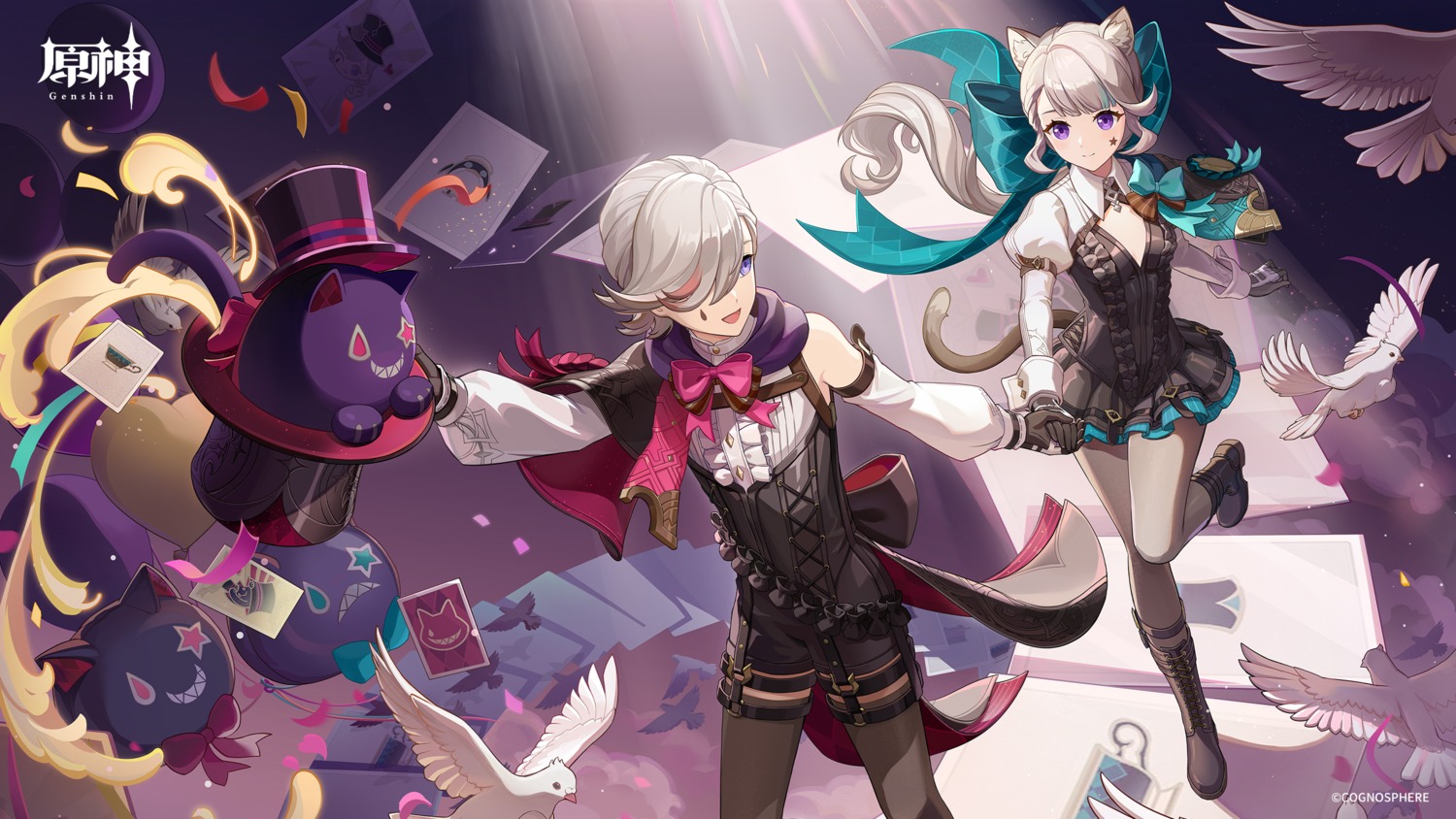 animal_ears, garter, genshin_impact, lynette, lyney, nekomimi, pantyhose, stockings