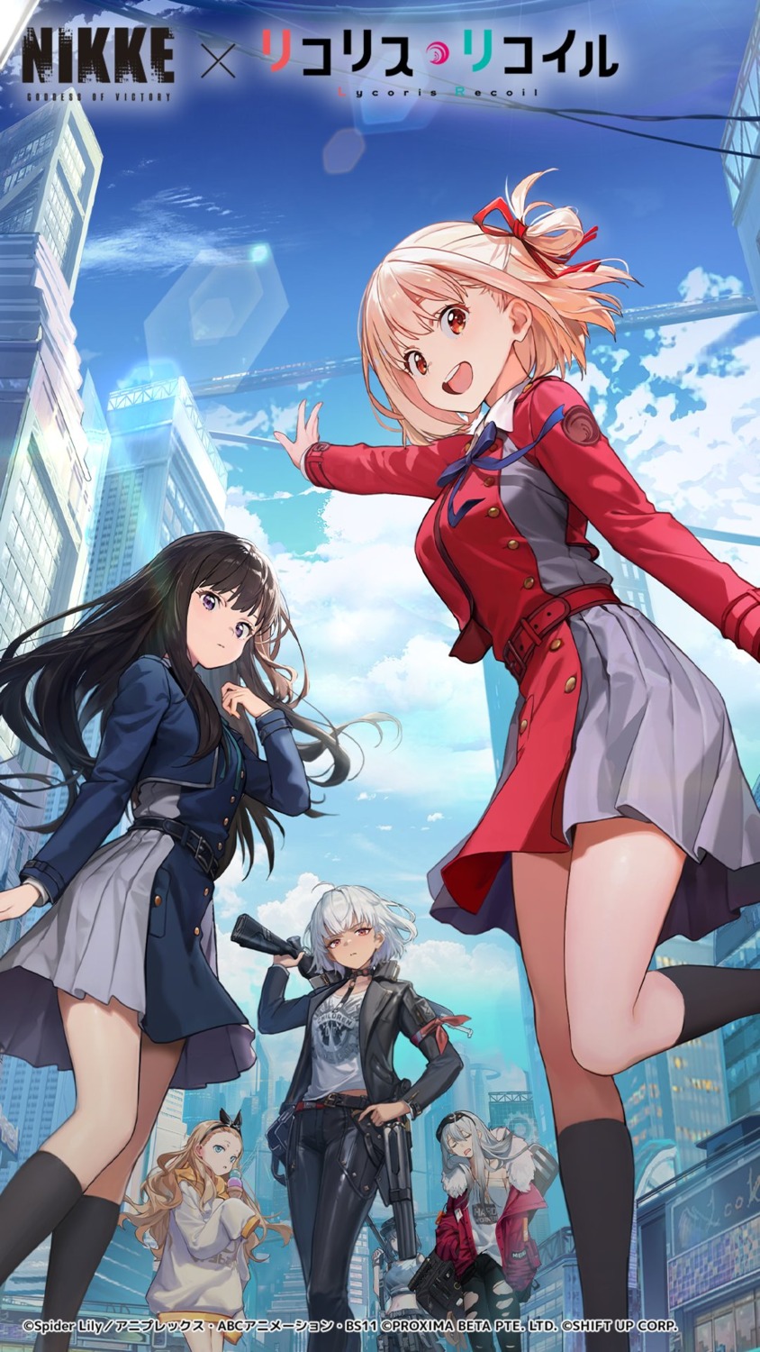 crossover, frima_(nikke), goddess_of_victory:_nikke, gun, inoue_takina, kurumi_(lycoris_recoil), lycoris_recoil, nishikigi_chisato
