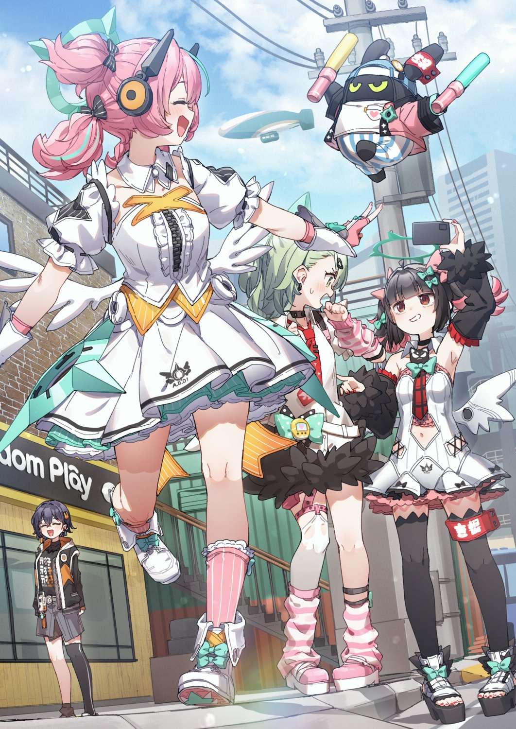 aria_(zenless_zone_zero), belle_(zenless_zone_zero), garter, halo, kusaka_shi, nangong_yu, no_bra, stockings